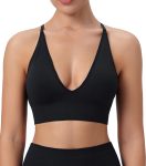Womens Deep V-Neck Longline Sports Bra, Strappy Criss Cross Padded Cups Adjustable Spaghetti Straps Workout Yoga Crop Top