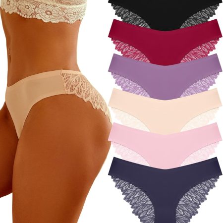 6 Pack Sexy Underwear for Women Silky Seamless No Show Panties Ladies Lace Bikini Lightweight