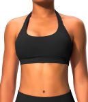 Halter Sports Bras for Women Backless Workout Bra Seamless Open Back Strappy Yoga Bra Crop Top with Removable Cups