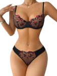 Sexy Floral Embroidered Flower Mesh Underwire Push Up Lingerie Set